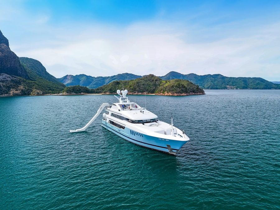 At anchor in a mountain bay.